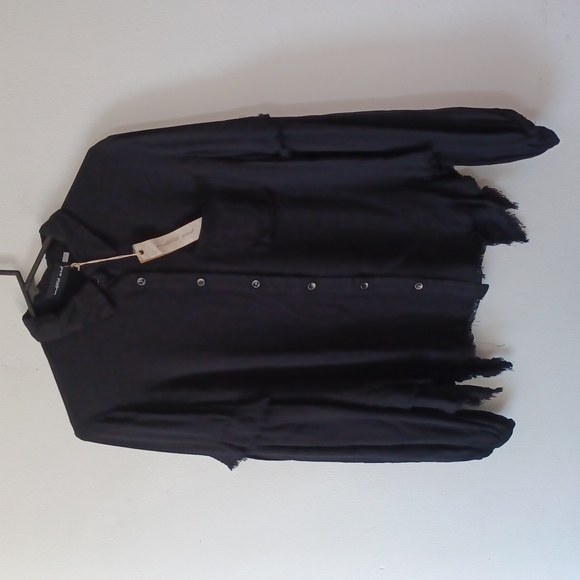 SUMMER Black FRINGE Distressed Detailed Black Pocket Blouse Button Down Shirt - Picture 3 of 7
